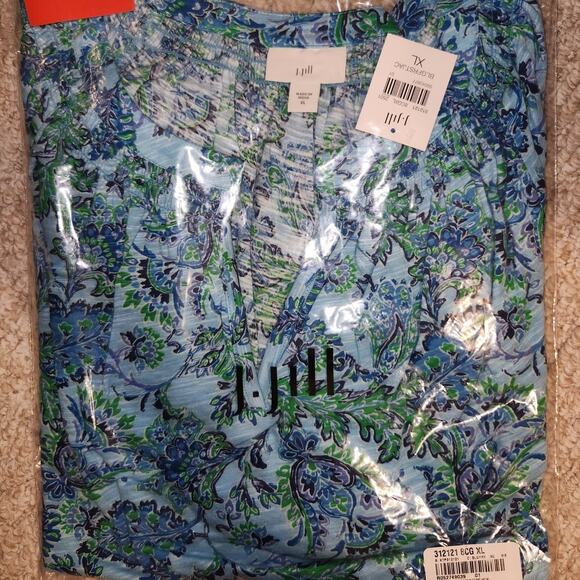 J.Jill $69 XL Blue Lagoon Teal Floral Printed Smocked Cotton Tencel Modal Top - Picture 6 of 11